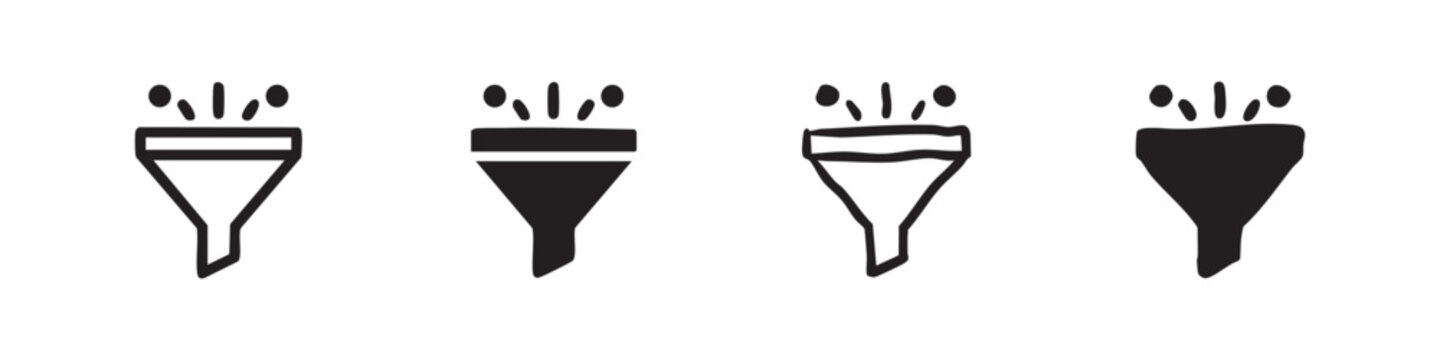 Filter or funnel icon set. Data sorting and filtering symbol in outline and solid styles, for processing.
