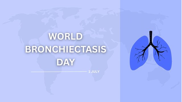 Educational graphic for World Bronchiectasis Day on July 1st, featuring a blue lung illustration and world map to promote global respiratory health awareness and lung disease education.