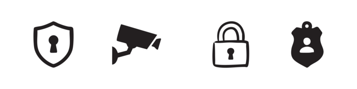 Security Icons Set, Surveillance Camera Lock and Shield Symbols, Protection Safety Vector Graphics