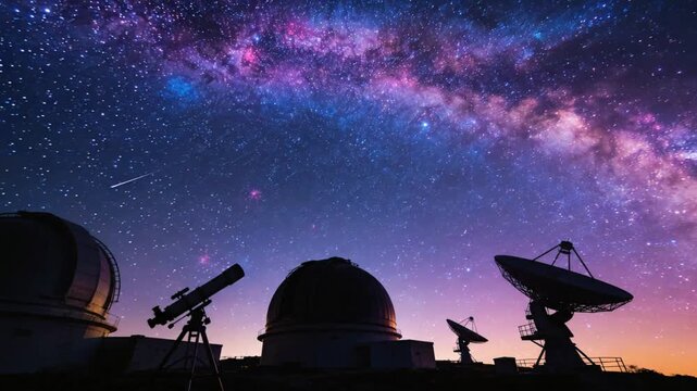 Astronomical Observatory Silhouettes Under Vibrant Milky Way Galaxy and Starry Night Sky, Cosmic Exploration