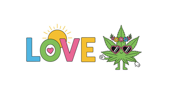 Smiling marijuana leaf character wearing heart sunglasses and a flower crown next to the colorful word love.