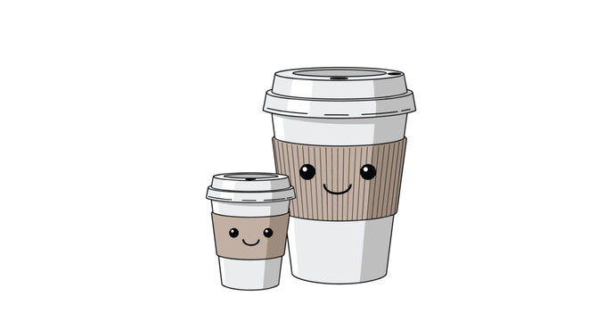 Two adorable coffee cup characters representing a parent and child stand together in this cute hot beverage illustration.