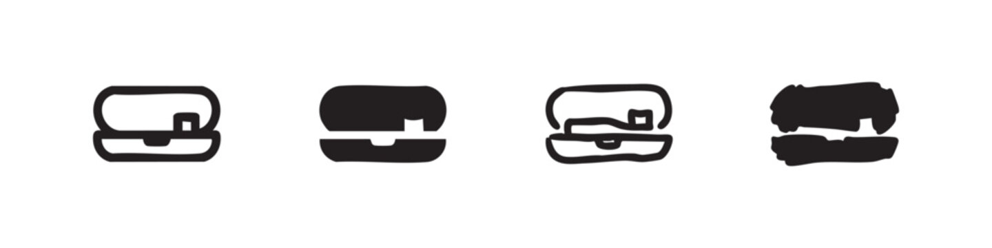 Handbag or purse icon set in outline and solid styles with hand-drawn elements for fashion accessories.