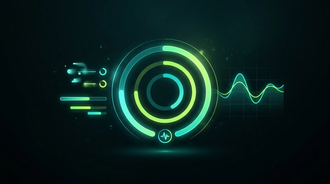 Futuristic glowing data visualization with circular graphs and waveform on dark background, digital interface elements