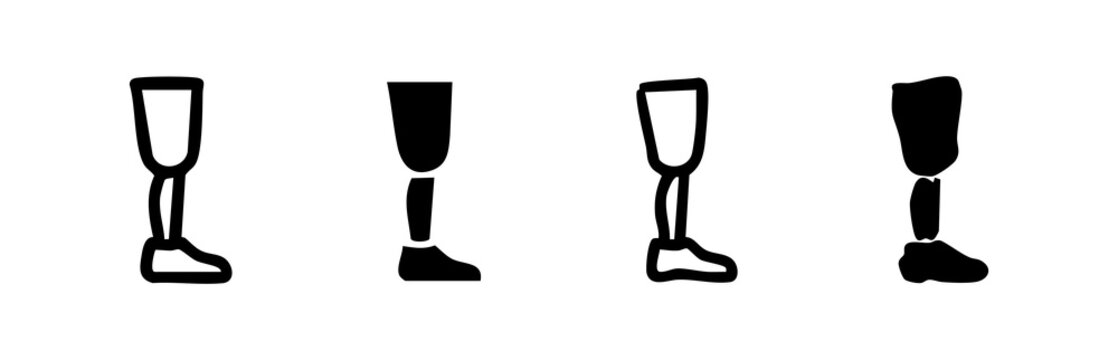 Set of four prosthetic leg icons, artificial limbs on white background