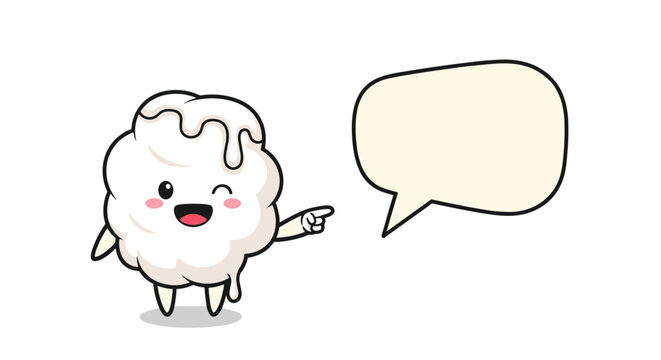Sweet white pastry or cloud character with a smiling face points toward an empty speech bubble on a white background.