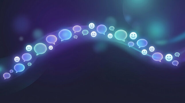 Social connection and communication concept - digital chat bubbles with smiling faces forming an abstract glowing wave against a dark background