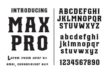 A vintage western style slab serif typeface featuring uppercase and lowercase letters, numbers, and punctuation marks, isolated on a white background. © Tonmoy