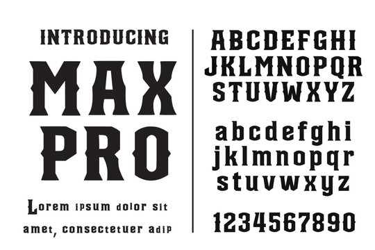 A vintage western style slab serif typeface featuring uppercase and lowercase letters, numbers, and punctuation marks, isolated on a white background.