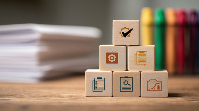 Business Process Management and Workflow Optimization Concept with Wooden Block Pyramid, Quality Control, Documentation System and Strategic Planning on Office Desk
