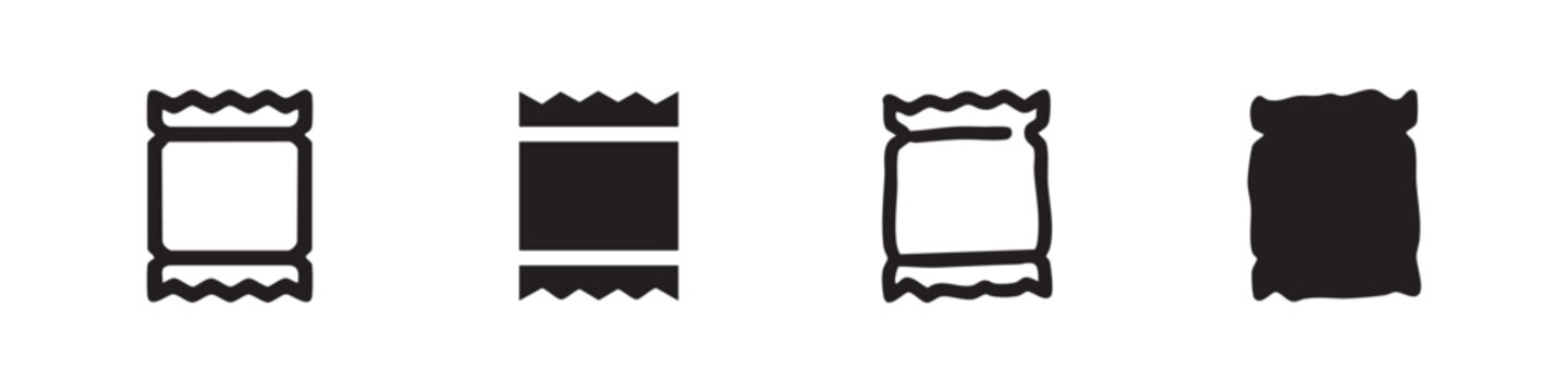 Set of four stylized candy bar wrapper icons: outline and solid black.