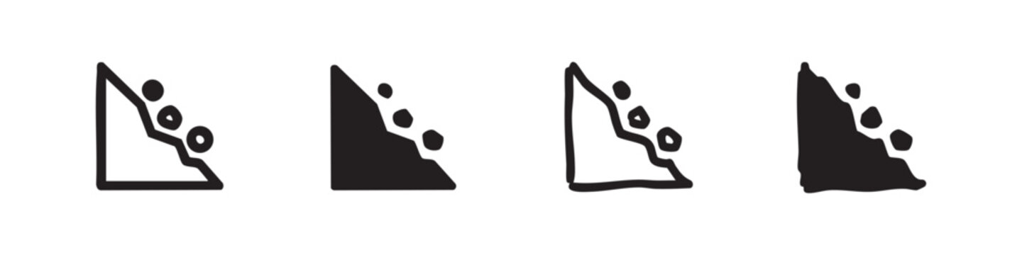 Set of landslide icons, white and black outline and solid fill