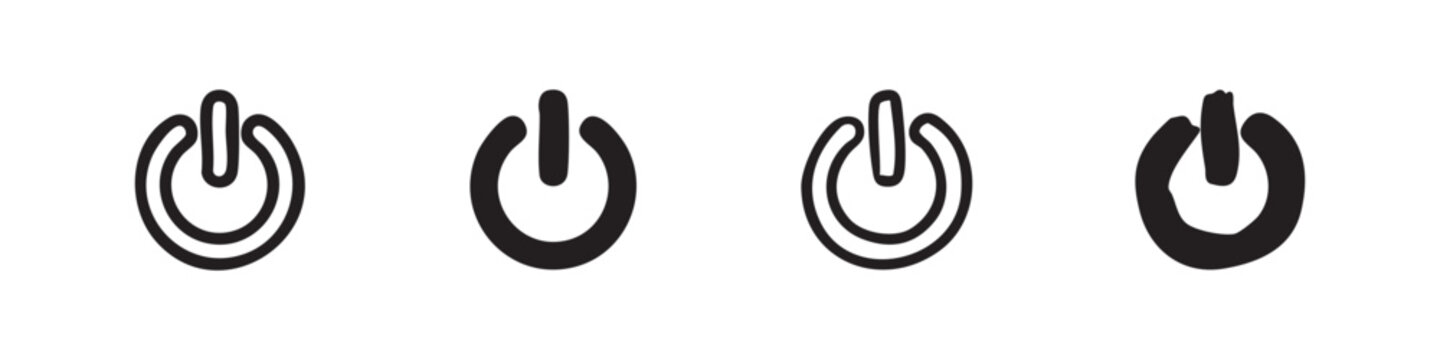 Set of power button icons, white and black outline and solid fill