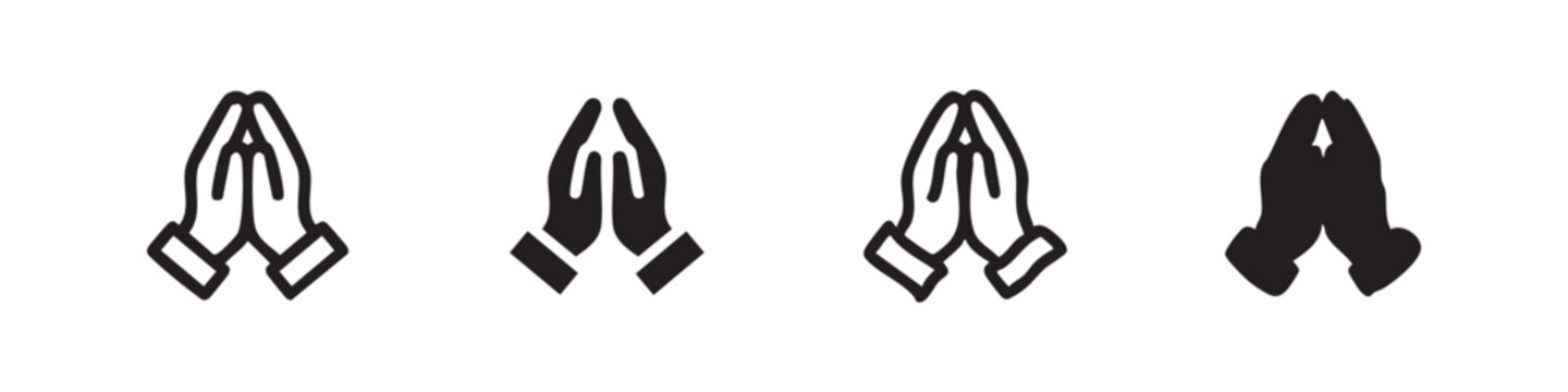 Set of praying hands icons, white and black outline and solid fill