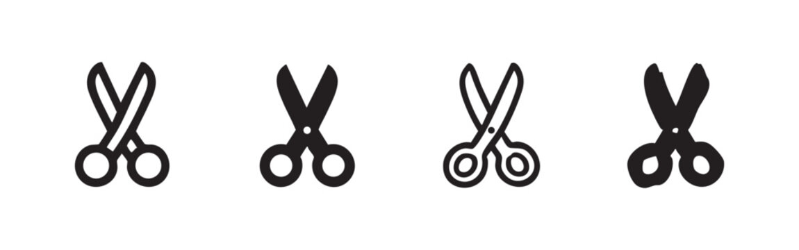 Set of four scissors icons in outline and silhouette styles