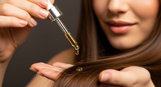 Beautiful Woman Applying Nourishing Hair Serum with Glass Dropper to Healthy Hair
