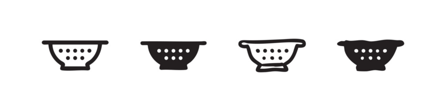 Set of four simple colander icons, black outline and solid fill on white background