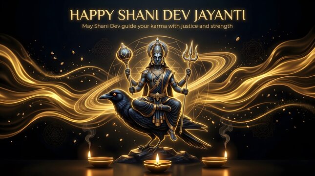 Divine shani dev seated on crow with trident and mace amidst golden cosmic energy and diya lights