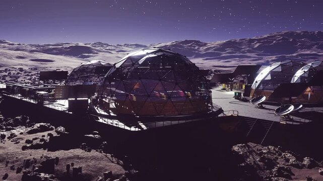 remote lunar base under starry sky, domed habitats clustered around illuminated landing pad with rover tracks, rocky plain stretching to distant mountains, soft