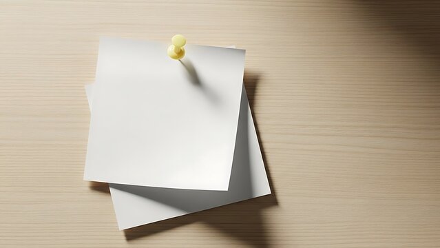 Blank white sticky notes pinned to wooden surface, square paper memo with yellow push pin, minimalist office stationery for reminders and messages