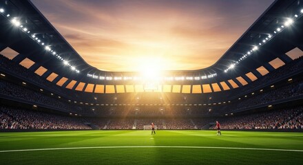 Naklejka premium Spectacular 2026 football background vibrant soccer stadium with dramatic sunset lighting