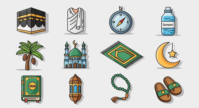 Vibrant collection of flat cartoon vector icons representing the fundamental pillars of Islam, sacred Hajj pilgrimage, and spiritual traditions for religious concepts