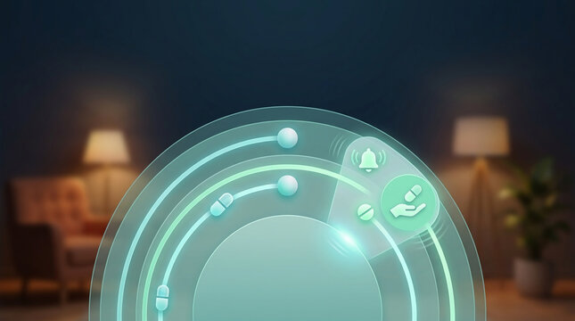 Digital health and wellness interface with health icons for health monitoring and self-care management on a blurred home background