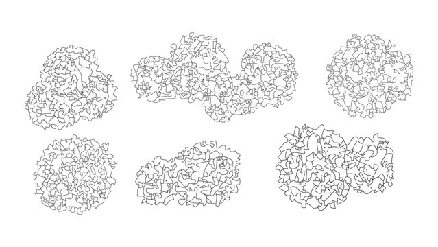 Set of hand drawn tree top views for landscape architecture designs with leafy sketch texture.