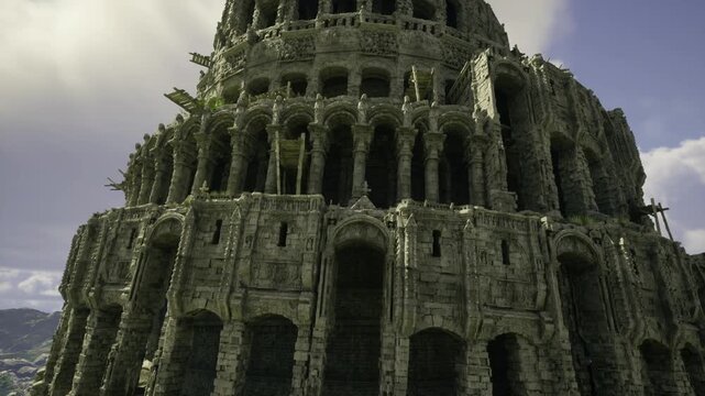 colossal fortress tower rising into cloudbank, deep shadowed arcades and layered columns create epic fantasy vibe, rugged coastal horizon visible beyond,