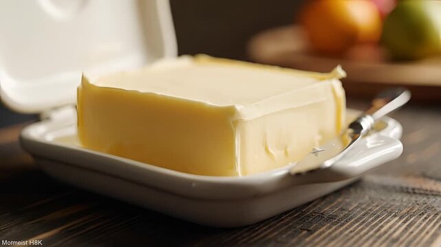 Close up of a butter dish with a block of butter and a knife.