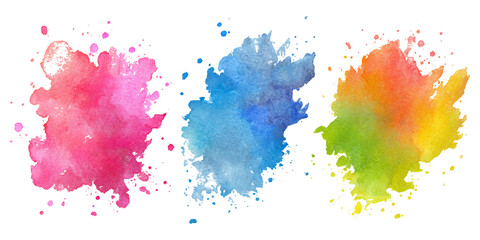 Obraz premium Colorful watercolor paint splatter design set. artistic brush strokes rainbow watercolor bundle and vibrant vector illustration background.