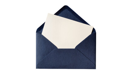 Open navy blue envelope with blank white paper card inside, isolated on transparent background © Aliona