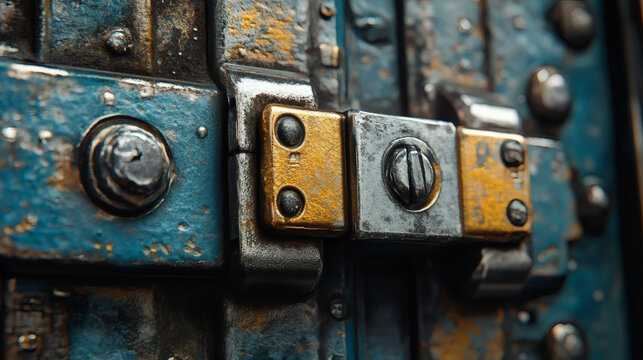 Close up of a vintage metal latch with weathered blue paint and yellow patina showing texture and shin on an old industrial door featuring rivets and bolts.