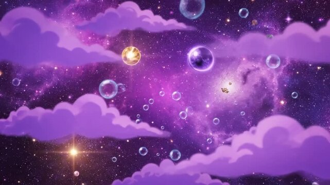 Surreal abstract animation of bubbles floating through vibrant purple galaxy clouds with sparkling stars in motion