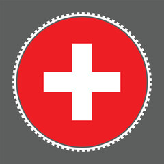 Obraz premium Red circle with white cross and gear border symbol Swiss flag design element with mechanical cogwheel edge