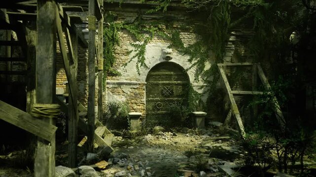 scaffolded ruined doorway reclaimed by vines, broken timber supports and crumbling stone surround narrow arched entry, dappled light and overgrown undergrowth