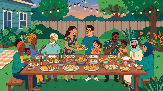 Diverse Multiethnic Group Sharing Culinary Feast Outdoors at Sunshine Dinner Gathering