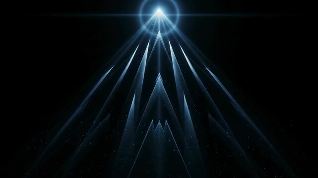 Abstract light beams emerge from a central source, forming a triangular pattern against a dark backdrop, enhancing the visual depth and artistic composition