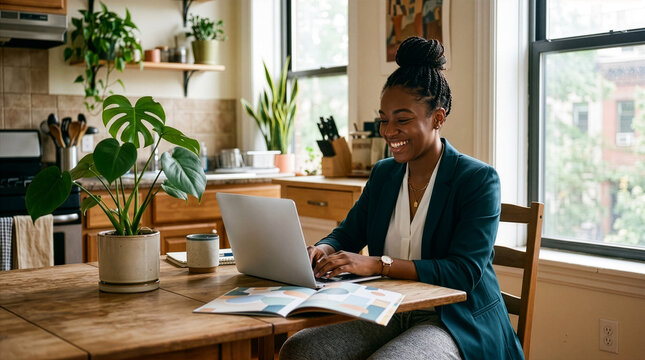 Black Woman Professional Smiling While Using Laptop in Bright Interior Filled with Tropical Foliage