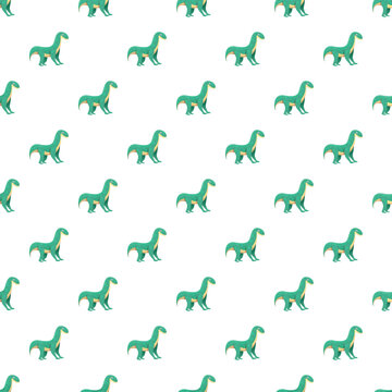 Repeating cute cartoon green dinosaur character forming a playful seamless pattern on white