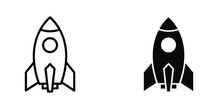 Simple black and white rocket icon with a circle window on a plain background