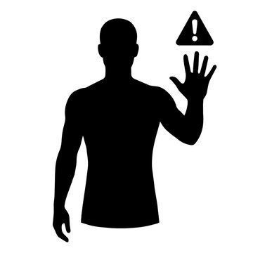 Black silhouette of a male figure making a stop hand gesture with a warning triangle sign. Vector illustration.