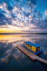 Fototapeta premium Houseboat moored at a wooden pier on a calm lake during sunset. Scenic reflection of clouds in water. Peaceful nature landscape, travel leisure and vacation mood, outdoor adventure.