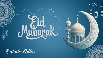 Beautiful Islamic Eid Mubarak greeting background featuring crescent moon, mosque architecture, lanterns, and decorative mandala ornaments. Perfect for Eid al-Adha celebration design, banner © Miraj