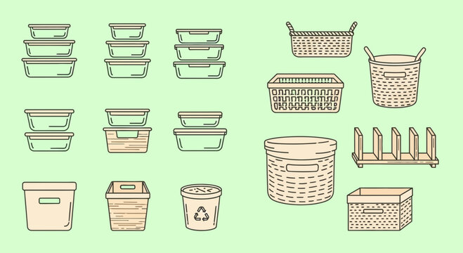 Collection of various storage containers and organizers for home organization and decluttering solutions