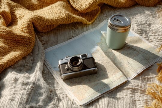 Vintage film camera and insulated mug on paper map placed on soft knitted blanket. Adventure planning concept. Planning travel route for vacation and road trip. Tourism and lifestyle equipment.