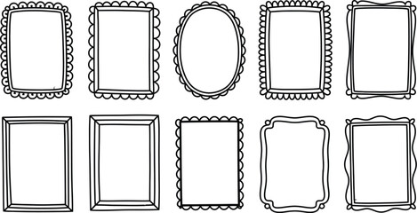 Collection of hand drawn doodle picture frames with various decorative borders including scalloped rectangular and oval shapes for creative design projects. © Sumaiya
