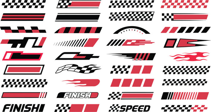 Sports racing graphic elements set featuring speed lines finish flags and motion decals for vehicle vinyl wrap and sticker design.