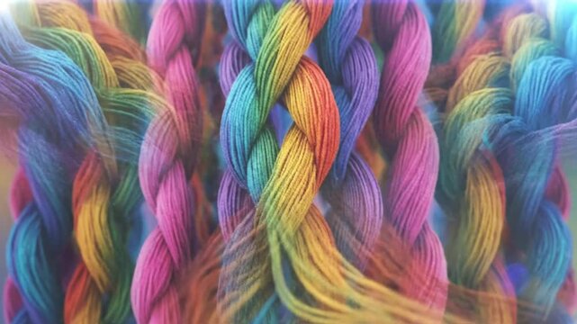 Rainbow colored yarn braids intertwined together creating an abstract pattern for creative design concepts