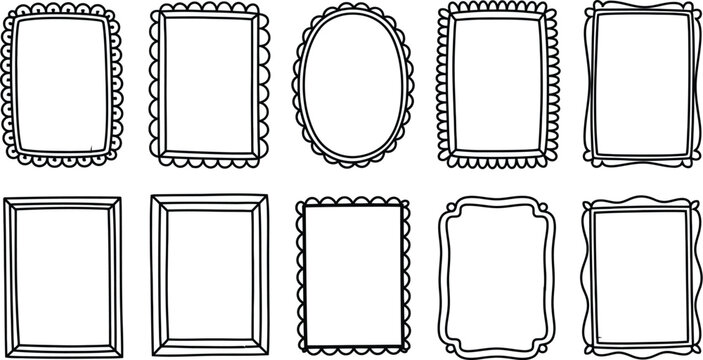 Collection of hand drawn doodle picture frames with various decorative borders including scalloped rectangular and oval shapes for creative design projects.